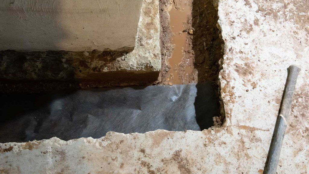 Trench with vapor barrier surrounding basement foundation