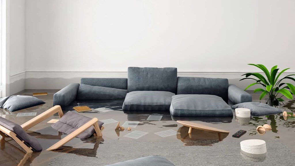 Flooded living room with furniture floating