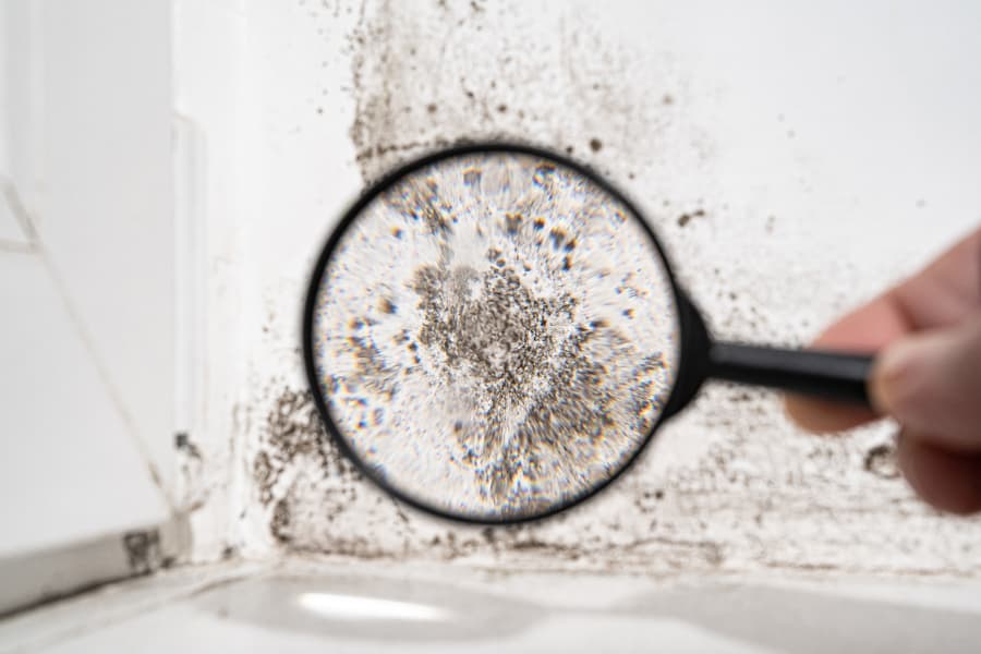 Mold on white wall in basement viewed through magnifying glass
