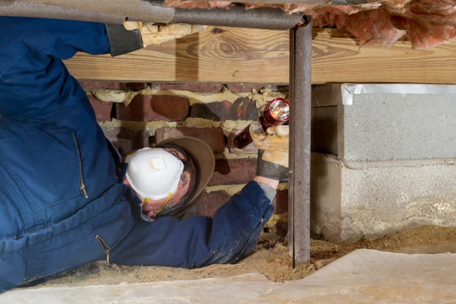 Home inspector examines crawl space