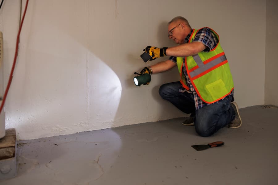 Waterproofing technician inspects basement after flooding